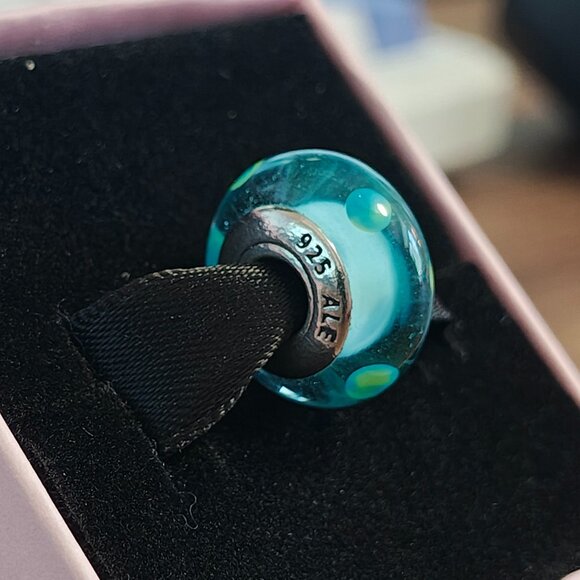 Authentic Pandora Retired Teal Murano Polka Dot Charm 790605 Glass - Picture 3 of 7